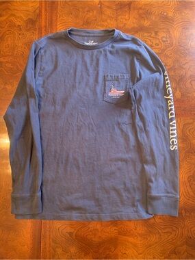 Vineyard Vines Boys Long-Sleeve Pocket Tee in Navy Blue with Sleeve Logo